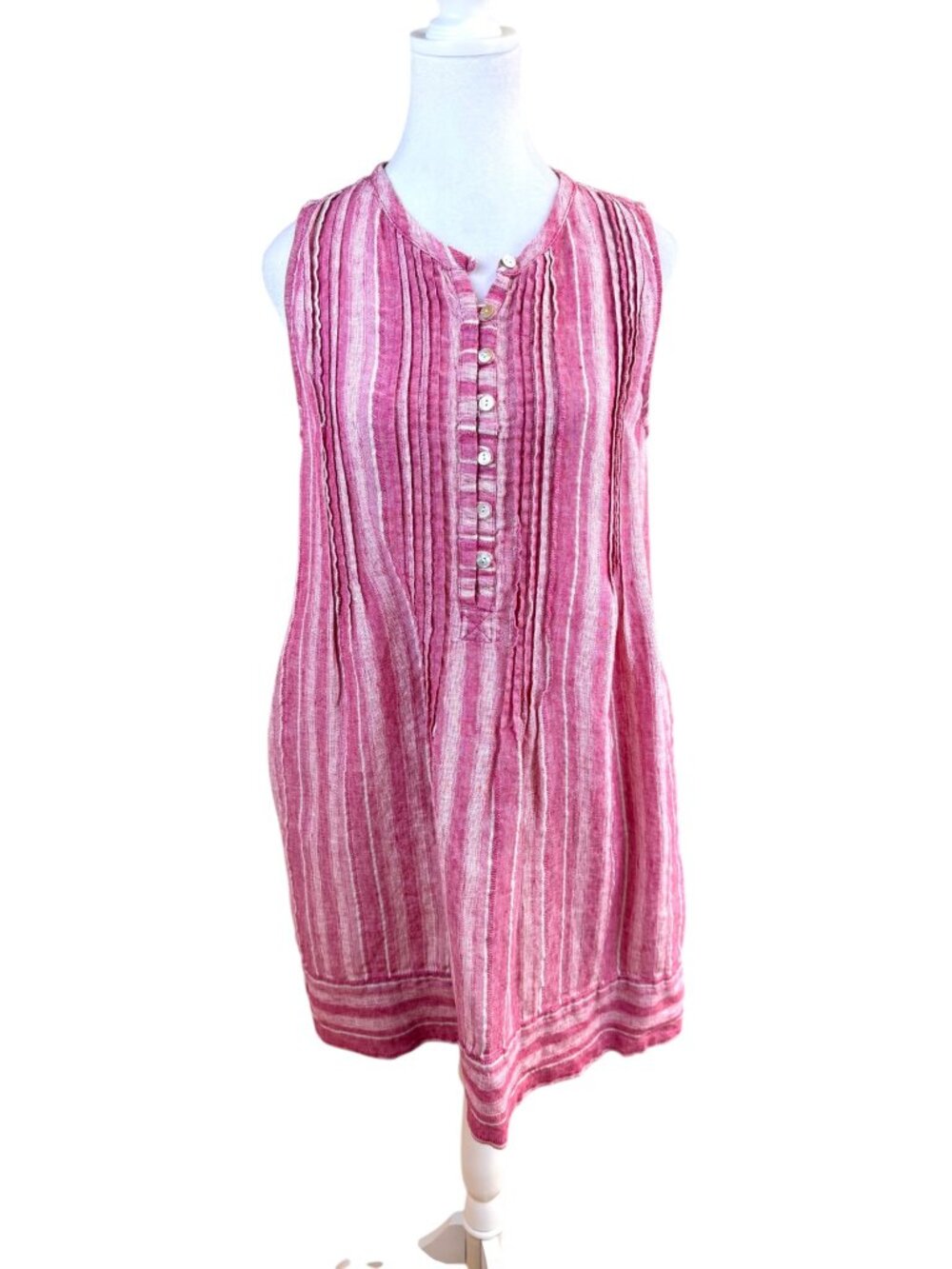 Faherty Linen Dress Sleeveless Pleated Button Front Pink Red Stripe (S)